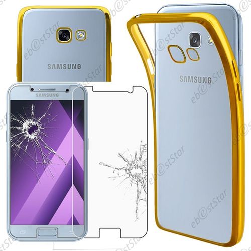 Ebeststar ® Pour Samsung Galaxy A3 2017 A320f - Housse Etui Coque Silicone Gel Souple Ultra Fine 0,3mm Et Invisible + Film Protection Écran En Verre Trempé, Couleur Transparent / Or [Note Importante Lire Description]