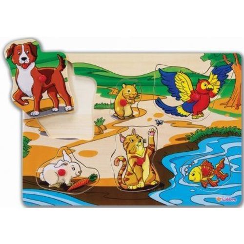 Puzzle En Bois A Encastrer Animaux Domestique (Chat Chien Poisson Lapin) 6 Pieces - Puzzle Bouton Eichhorn