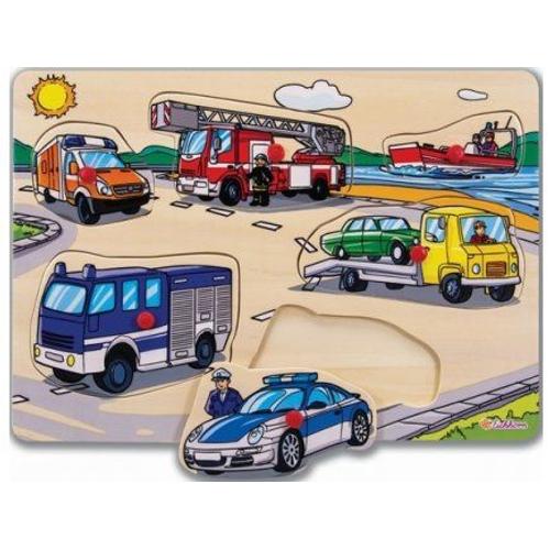 Puzzle En Bois A Encastrer Les Vehicules : Voiture Camion Pompier - Police 6 Pieces - Puzzle Bouton Eichhorn