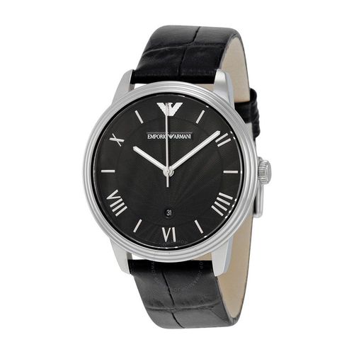 Emporio Armani Ar1611 Classic Black Leather Strap Textured Dial Slim Watch