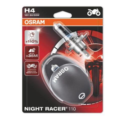 Osram Night Racer 110 H4 Halogène, Lampe De Phare Pour Moto, 64193nr1-02b, Blister Double (2 Pièces Avec Casque De Moto Miniature)
