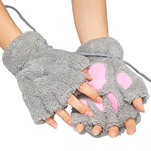 Gant Mitaine Hiver Gris Patte Chat Ou Ours Peluche Chaud Et Confortable Style Kawai Japonisant 