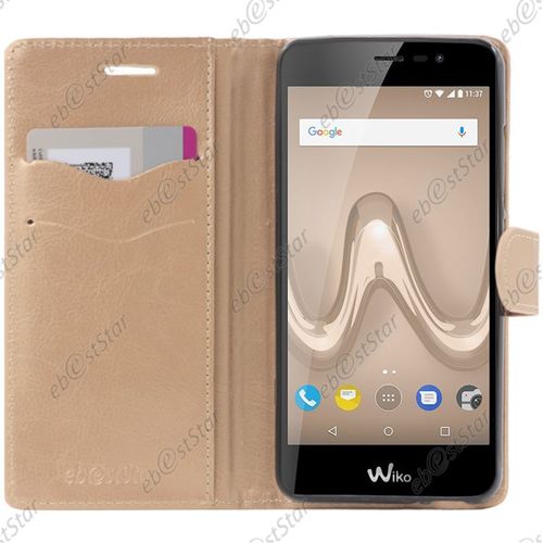 Ebeststar ® Housse Portefeuille Coque Etui Protection Folio Pour Wiko Tommy 2, Couleur Or / Doré [Dimensions Precises De Votre Appareil : 145 X 72.7 X 9.19 Mm, Écran 5'']