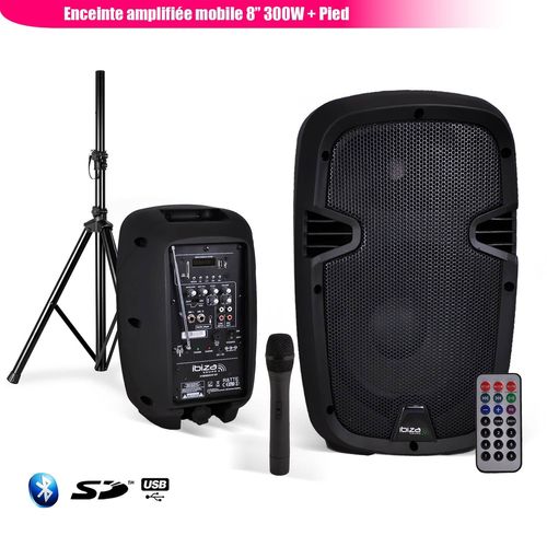 Enceinte mobile amplifiée 8"/20cm 300W USB/SD/BT + Micro VHF + Pied HYBRID8VHF-BT
