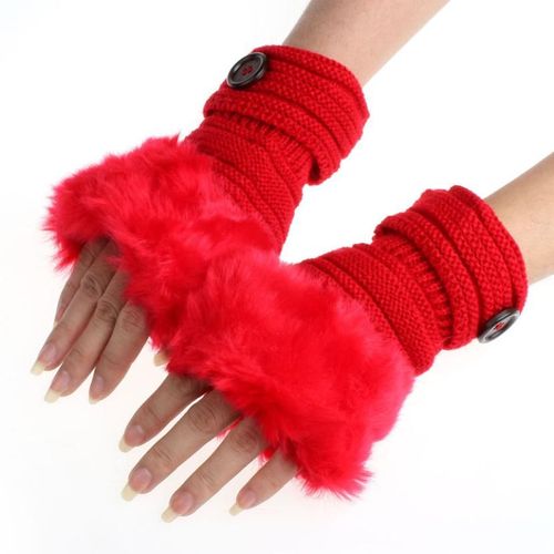 1 Paire De Gant Mitaine Tricoté Chaud Avec Fausse Fourrure Lapin Douce De Qualité . Sans Doigts . Coloris Rouge  Pour Femme Ou Fille . Expédié De France  !