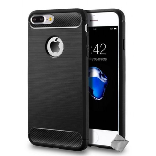 Housse Etui Coque Silicone Gel Carbone Pour Apple Iphone 7 Plus + Verre Trempe - Noir