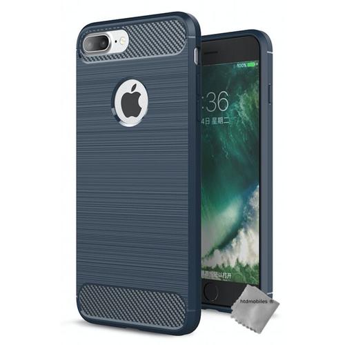 Housse Etui Coque Silicone Gel Carbone Pour Apple Iphone 7 Plus + Verre Trempe - Bleu Fonce