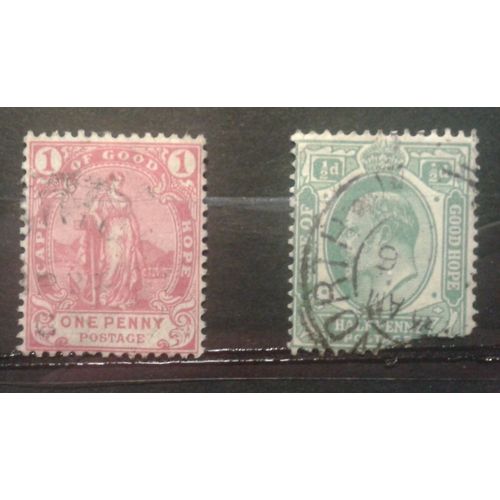 2 Timbres Cap De Bonne Espérance 1893 1902 Yvert Et Tellier N°42 Espérance Debout Et 55 Edouard Vii Oblitérés
