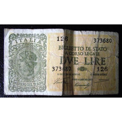 Billet Italia Ministero Del Tesoro:Biglietto Di Stato A Corso Legal Dve Lire 1944
