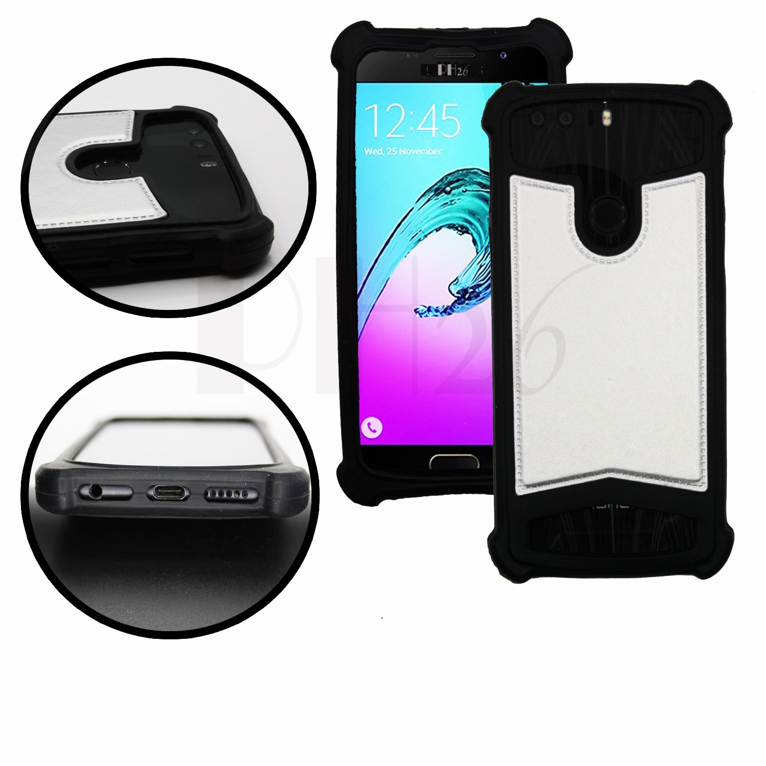 Huawei Enjoy 5s Coque Arrière Façon Cuir Argent Contours En Silicone Gel Anti-Chocs By Ph26®