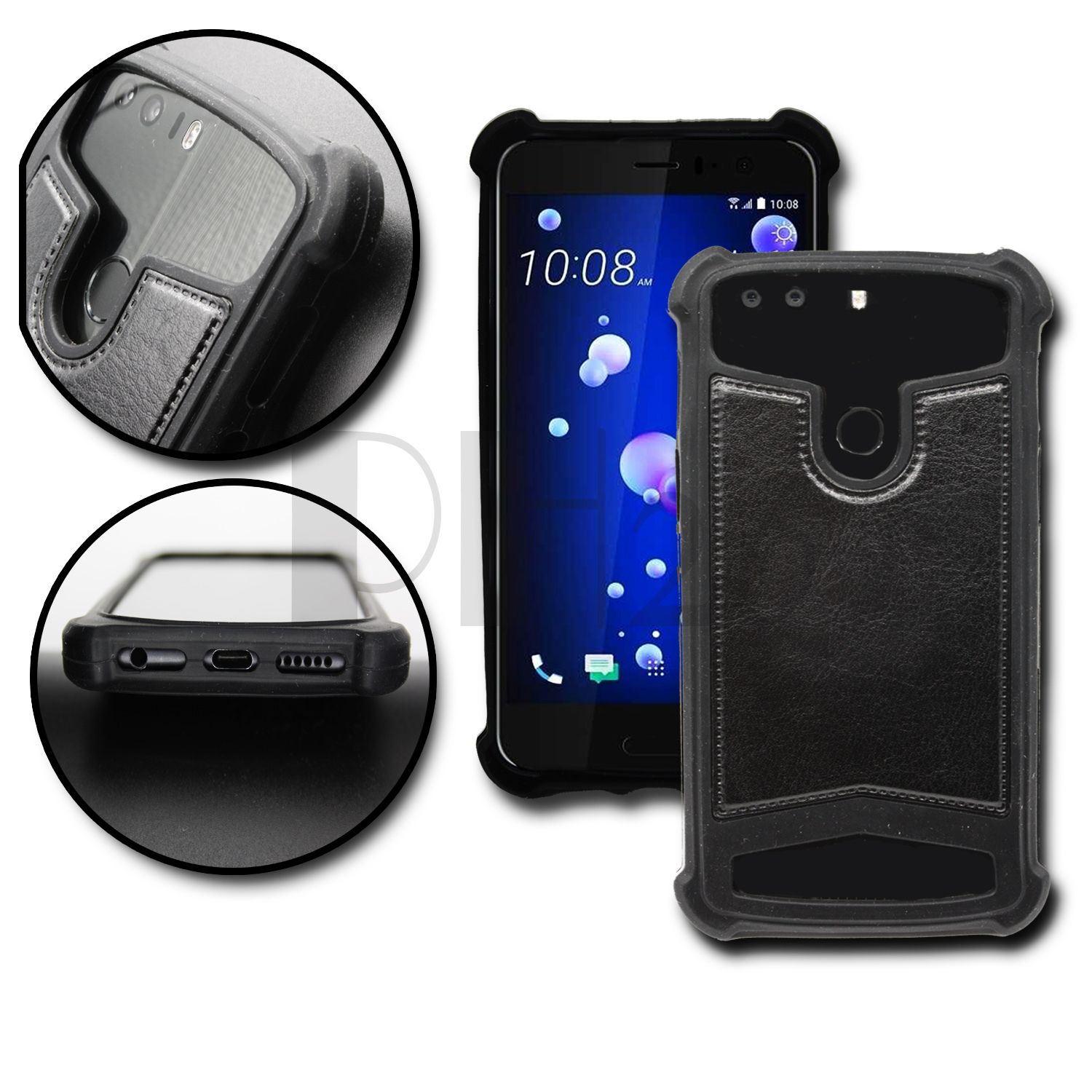 Bq Aquaris E5s Coque Arrière Façon Cuir Noir Contours En Silicone Gel Anti-Chocs By Ph26®