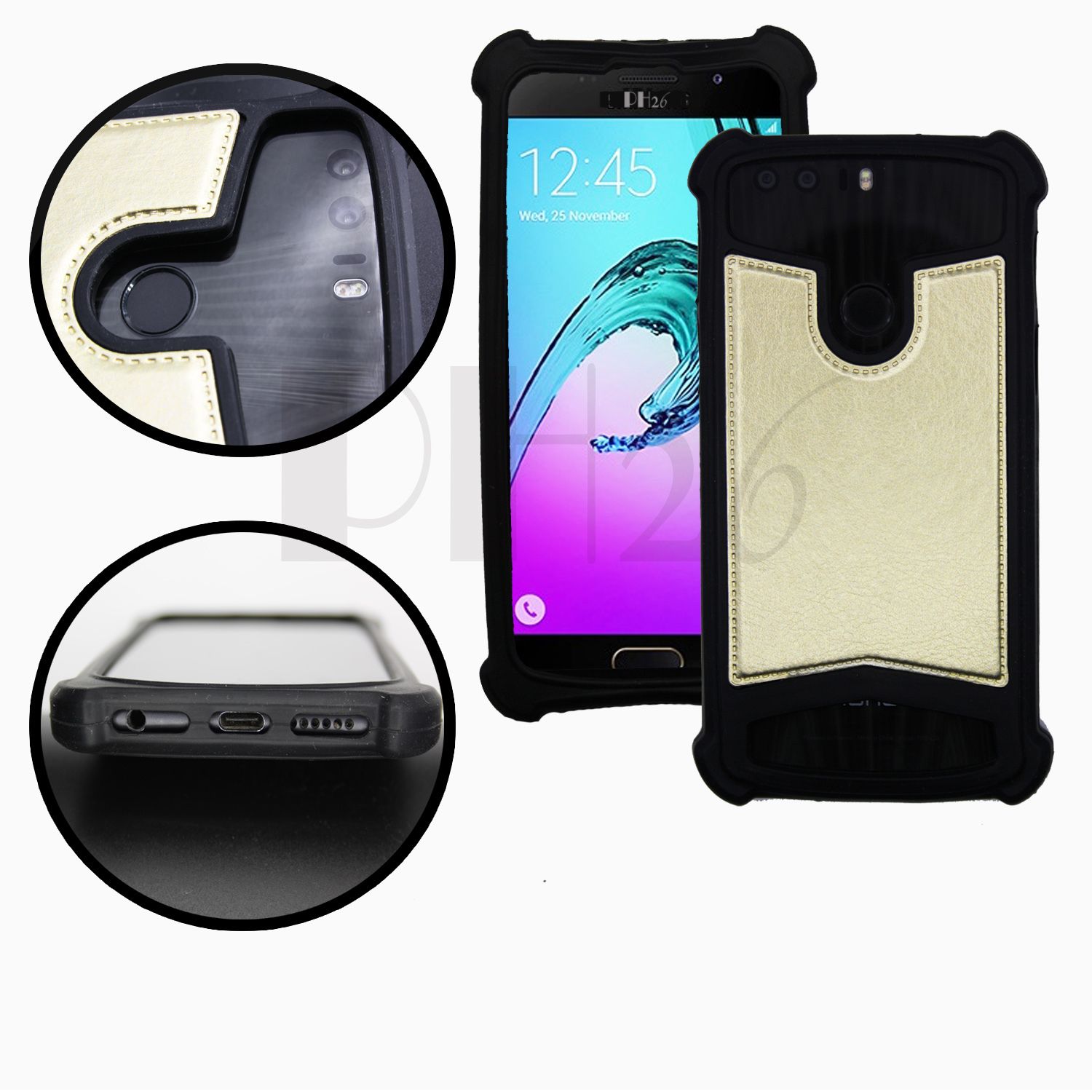 Honor 7 Premium Coque Arrière Façon Cuir Or Gold Contours En Silicone Gel Anti-Chocs By Ph26®