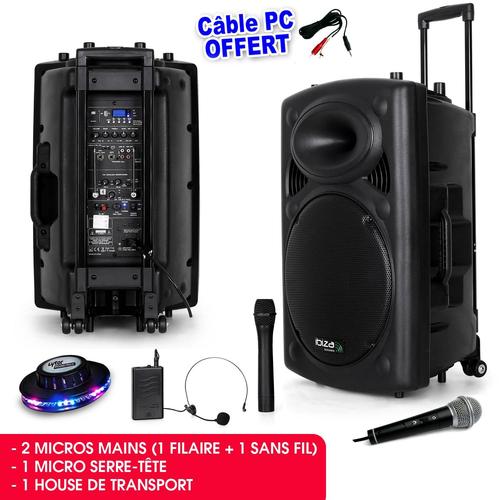 Public Adress mobile MP3 800W + 3 micros PORT15VHF-BT + Câble PC + Effet OVNI RoundMagic LytOr