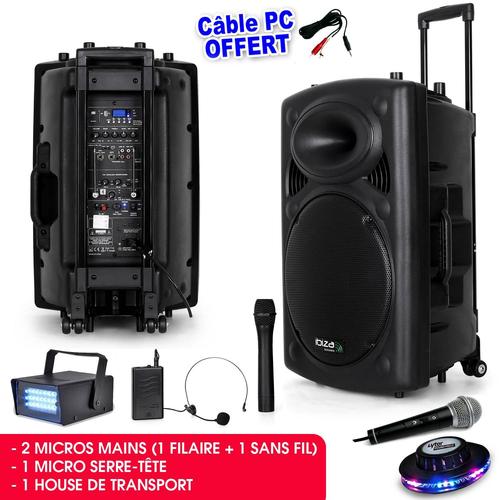 Public Adress mobile MP3 800W + 3 micros PORT15VHF-BT + Câble PC + Effet OVNI RoundMagic + Mini Strobe