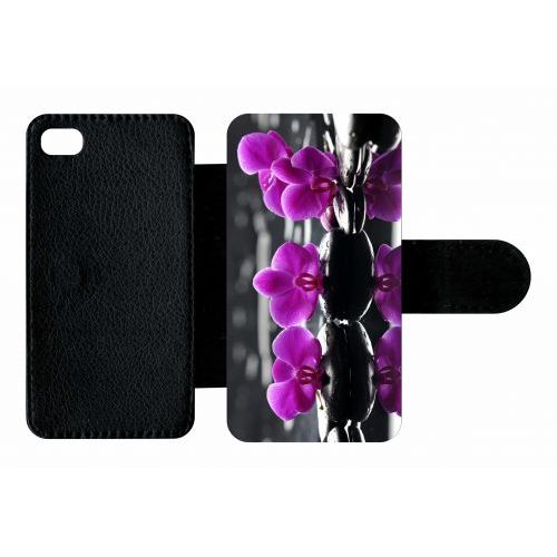 Etui A Rabat - Orchide Violette Fond Gris - Compatible Avec Apple Iphone 4s - Plastique - Bord Noir
