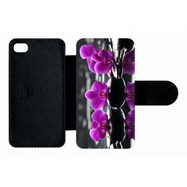 Etui A Rabat - Orchide Violette Fond Gris - Compatible Avec Apple Iphone 4s - Plastique - Bord Noir