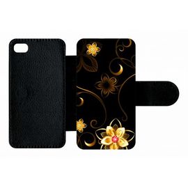 Etui A Rabat - Fleur D Or Fond Noir - Compatible Avec Apple Iphone 4s - Plastique - Bord Noir