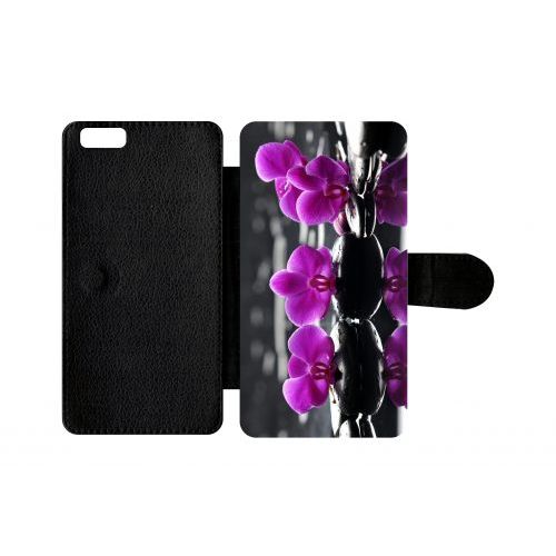 Etui A Rabat - Orchide Violette Fond Gris - Compatible Avec Apple Iphone 6 Plus - Plastique - Bord Noir