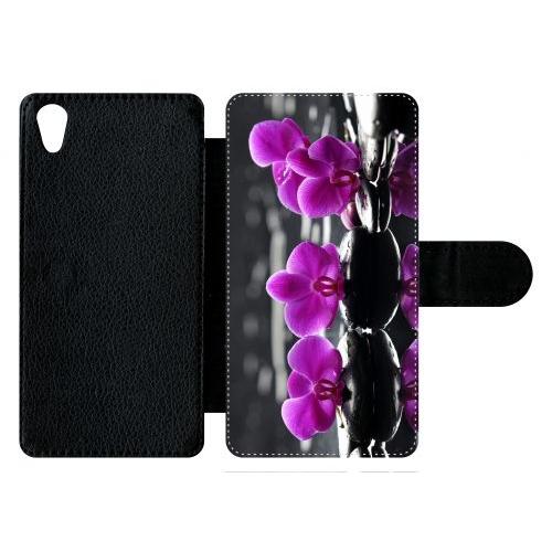 Etui À Rabat Xperia Z5 - Orchide Violette Fond Gris - Simili-Cuir - Noir