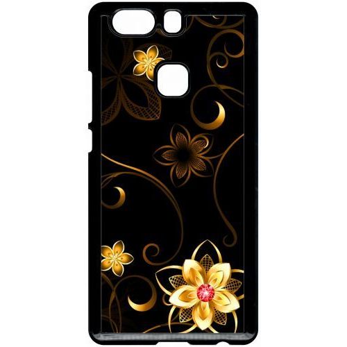 Coque Pour Smartphone - Fleur D Or Fond Noir - Compatible Avec Huawei P9 Plus - Plastique - Bord Noir