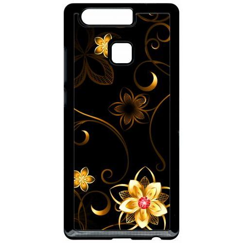 Coque Pour Smartphone - Fleur D Or Fond Noir - Compatible Avec Huawei P9 - Plastique - Bord Noir