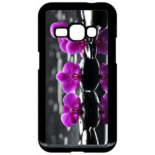 Coque Pour Smartphone - Orchide Violette Fond Gris - Compatible Avec Samsung Galaxy J1 (2016) - Plastique - Bord Noir