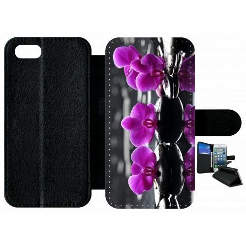 Etui A Rabat - Orchide Violette Fond Gris - Compatible Avec Apple Iphone 7 - Plastique - Bord Noir