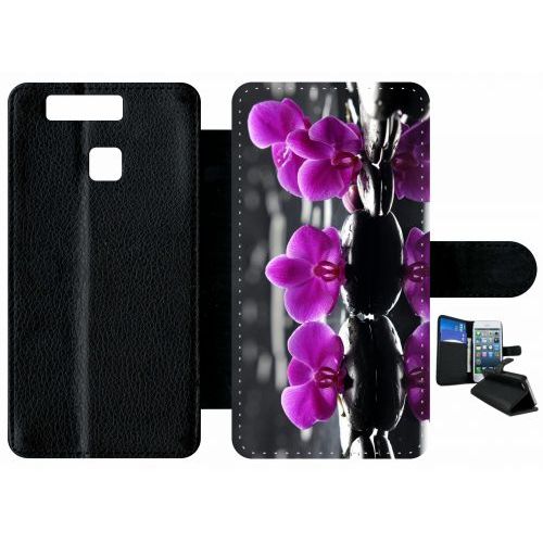 Etui A Rabat - Orchide Violette Fond Gris - Compatible Avec Huawei P9 - Plastique - Bord Noir