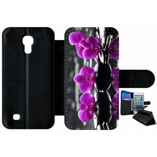 Etui À Rabat Samsung I9190 Galaxy S4 Mini - Orchide Violette Fond Gris - Simili-Cuir - Noir