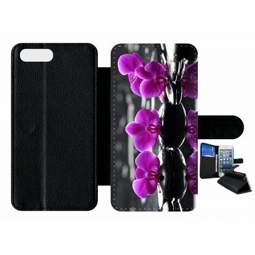 Etui A Rabat - Orchide Violette Fond Gris - Compatible Avec Apple Iphone 7 Plus - Plastique - Bord Noir