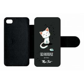 Etui A Rabat - En Couple Avec Mon Chat Fond Noir 2 - Compatible Avec Apple Iphone 4s - Plastique - Bord Noir