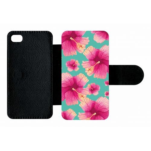 Etui A Rabat - Hibiscus Fond Turquoise - Compatible Avec Apple Iphone 4s - Plastique - Bord Noir