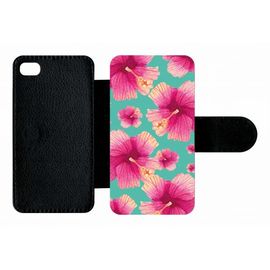 Etui A Rabat - Hibiscus Fond Turquoise - Compatible Avec Apple Iphone 4s - Plastique - Bord Noir