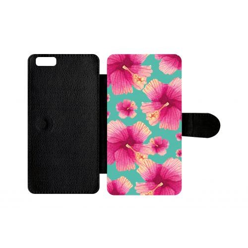 Etui A Rabat - Hibiscus Fond Turquoise - Compatible Avec Apple Iphone 6 Plus - Plastique - Bord Noir