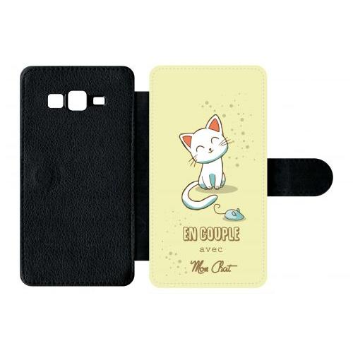 Etui À Rabat Galaxy Grand Prime - En Couple Avec Mon Chat Fond Jaune 2 - Simili-Cuir - Noir