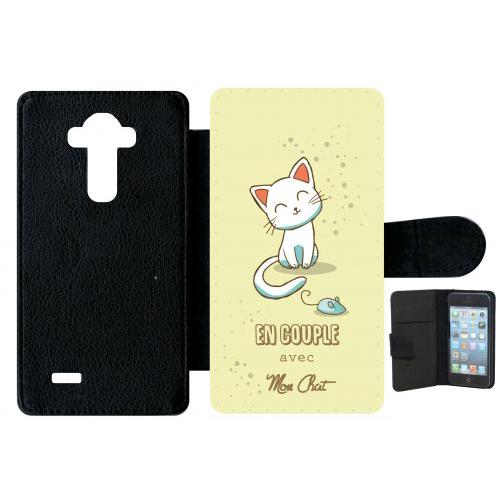 Etui A Rabat - En Couple Avec Mon Chat Fond Jaune 2 - Compatible Avec Lg G4 - Plastique - Bord Noir