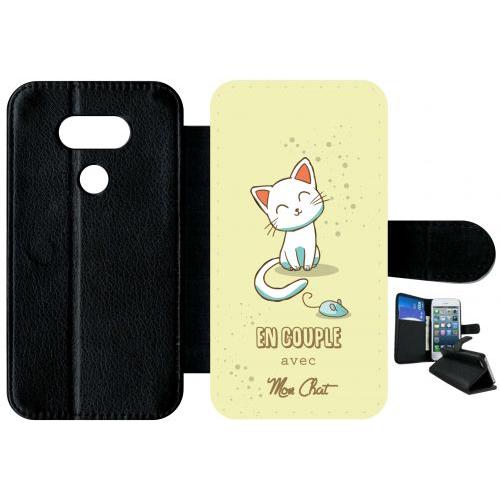 Etui A Rabat - En Couple Avec Mon Chat Fond Jaune 2 - Compatible Avec Lg G5 Se - Plastique - Bord Noir