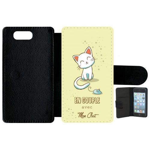 Etui À Rabat Xperia Z3 Compact - En Couple Avec Mon Chat Fond Jaune 2 - Simili-Cuir - Noir