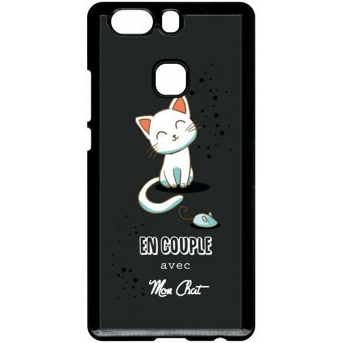 Coque Pour Smartphone - En Couple Avec Mon Chat Fond Noir 2 - Compatible Avec Huawei P9 Plus - Plastique - Bord Noir
