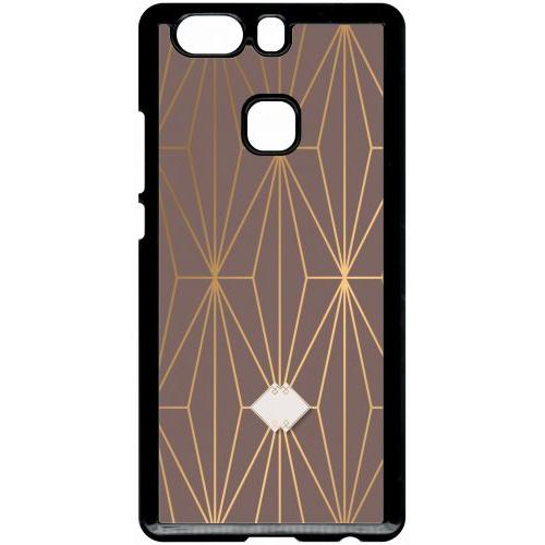 Coque Pour Smartphone - Losange Geometrique Beige Et Or - Compatible Avec Huawei P9 Plus - Plastique - Bord Noir