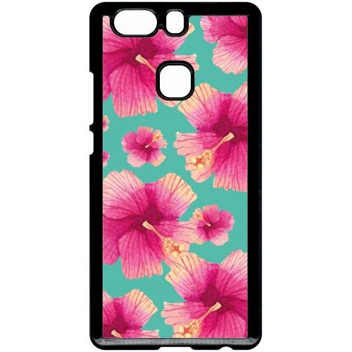 Coque Pour Smartphone - Hibiscus Fond Turquoise - Compatible Avec Huawei P9 Plus - Plastique - Bord Noir