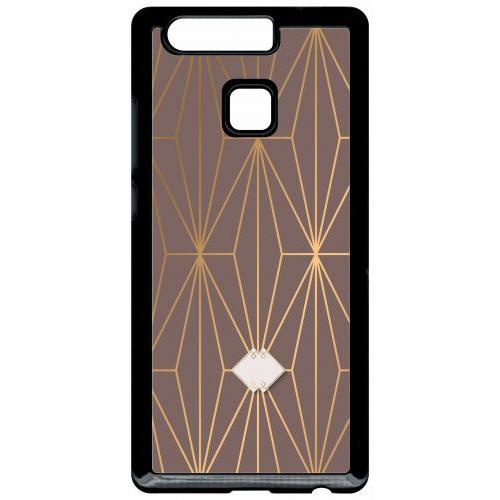 Coque Pour Smartphone - Losange Geometrique Beige Et Or - Compatible Avec Huawei P9 - Plastique - Bord Noir