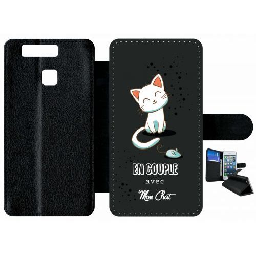 Etui A Rabat - En Couple Avec Mon Chat Fond Noir 2 - Compatible Avec Huawei P9 - Plastique - Bord Noir