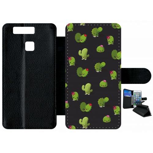 Etui A Rabat - Cactus Fond Noir - Compatible Avec Huawei P9 - Plastique - Bord Noir