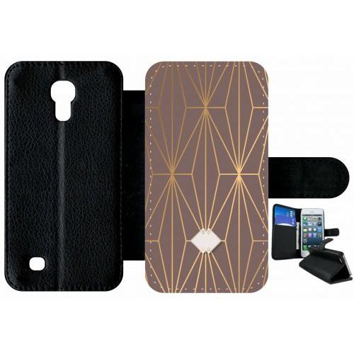 Etui À Rabat Samsung I9190 Galaxy S4 Mini - Losange Geometrique Beige Et Or - Simili-Cuir - Noir