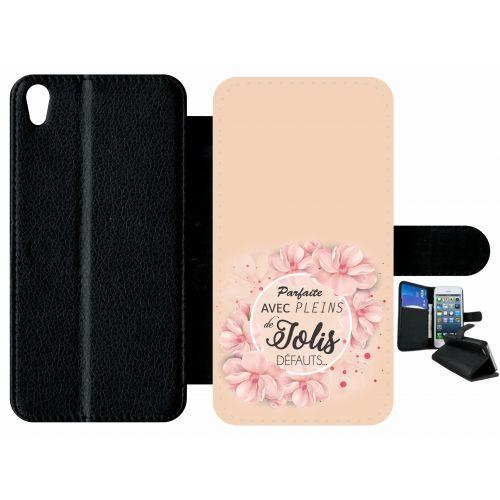 Etui À Rabat Xperia Xa - Parfaite Avec Pleins De Jolis Defauts Fleurs Fond Rose 2 - Simili-Cuir - Noir