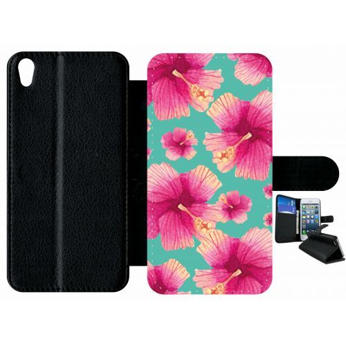 Etui À Rabat Xperia Xa - Hibiscus Fond Turquoise - Simili-Cuir - Noir