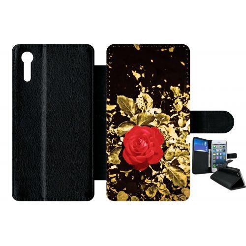 Etui À Rabat Xperia Xz - Rose Et Feuille D'or - Simili-Cuir - Noir