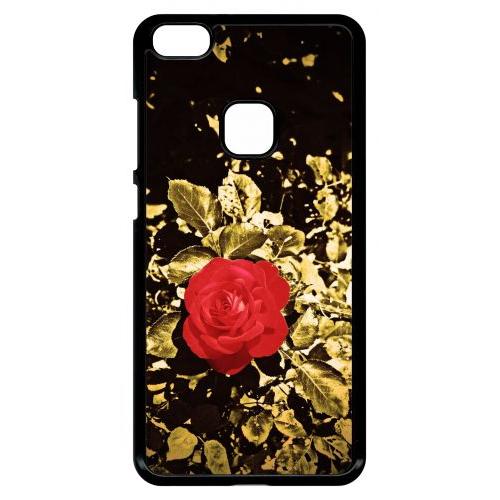 Coque Pour Smartphone - Rose Et Feuille D'or - Compatible Avec Huawei P10 Lite - Plastique - Bord Noir