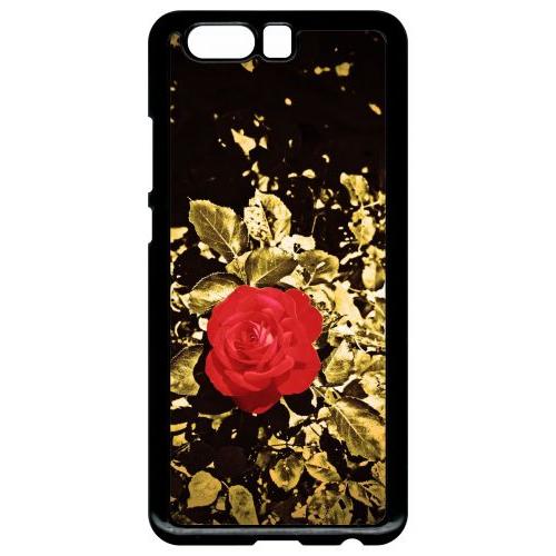 Coque Pour Smartphone - Rose Et Feuille D'or - Compatible Avec Huawei P10 Plus - Plastique - Bord Noir